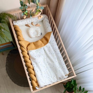 Pătura pentru bebeluși din satin și stofă waffle cu pilotă Bulințe muștar